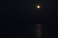 The Full Red Moon Shines Brightly in the Sky on a Dark Night Over the Calm Sea. Beautiful Moon Path on the Water Royalty Free Stock Photo