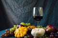 Full red wine glass and autumn and fall harvest, pumpkin, apple and grape Royalty Free Stock Photo