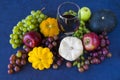 Full red wine glass and fall harvest, particularly pumpkin, apple, and grapes next to it Royalty Free Stock Photo