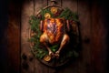 a full roasted chicken decorated for Christmas. a wooden backdrop looking up