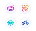 Full rotation, 360 degrees and Open box icons set. Bicycle sign. 360 degree, Full rotation, Delivery package. Vector Royalty Free Stock Photo