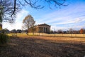 A full-scale replica of the original Parthenon in Athens with tall stone pillars around the building