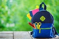 Full School backpack on wooden and nature background. Royalty Free Stock Photo