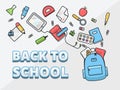 Full school subjects backpack, school supplies fly out of the backpack, back to school flat outline illustration Royalty Free Stock Photo