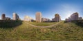 Full seamless 360 degrees angle view panorama high-rise building area urban development residential quarter in the evening in Royalty Free Stock Photo