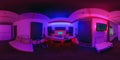 Full seamless hdr 360 panorama inside recording music studio with neon light in equirectangular spherical projection