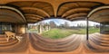 Full seamless hdri panorama 360 angle in interior of empty hall veranda with panoramic windows in wooden vacation homestead house