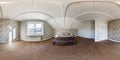 Full seamless hdri panorama 360 angle in white empty bedroom apartment and wooden rafter ceiling in vacation homestead house in