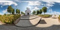 Full seamless hdri panorama 360 degrees angle view facade of church in beautiful decorative medieval style architecture with