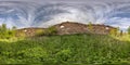 Full seamless hdri panorama 360 degrees angle view near walls of abandoned ruined stone farm building  in equirectangular Royalty Free Stock Photo