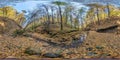 Full seamless hdri 360 panorama high in mountains near stream in tree-covered ravine in autumn forest equirectangular spherical Royalty Free Stock Photo