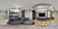 full seamless hdri 360 panorama in interior of guest living room hall with kitchen in studio apartment with table sofa and tv in Royalty Free Stock Photo