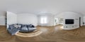 full seamless hdri 360 panorama in interior of guest living room hall with kitchen in studio apartment with table sofa and tv in Royalty Free Stock Photo