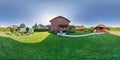 full seamless hdri 360 panorama outside vacation two-story concrete or brick country house with swimming pool and greenhouse in