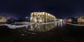 Full seamless night hdri panorama 360 degrees on street with illuminations near facade of modern building in old town in