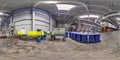 Full seamless panorama 360 angle view in interior of modern waste recycling processing plant in equirectangular projection ready