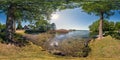 Full seamless panorama 360 by 180 angle view on the shore of huge forest lake with a boat in sunny summer day in equirectangular Royalty Free Stock Photo