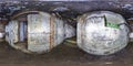 Full seamless panorama 360 degrees angle view inside ruined abandoned military underground casemates fortress of the First World