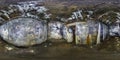 Full seamless panorama 360 degrees angle view inside ruined abandoned military underground casemates fortress of the First World