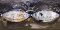 Full seamless panorama 360 degrees angle view inside ruined abandoned military underground casemates fortress of the First World