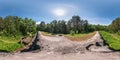 Full seamless panorama 360 by 180 degrees angle view ruined abandoned military fortress of the First World War in forest in