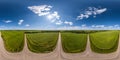 full seamless spherical aerial hdri panorama 360 view on crossroads of no traffic gravel road junction in fields in