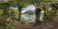 Full seamless spherical hdr panorama 360 degrees angle view among the bushes of forest near river or lake high in mountains in