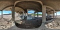 Full seamless spherical hdr panorama 360 degrees in carcass of abandoned concrete unfinished building with columns and stairs on