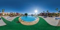 Full seamless spherical hdr 360 panorama near blue water pool on territory of elite hotel in desert on shores of Red Sea in