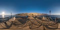 Full seamless spherical hdr 360 panorama view on coast of sea with wooden pier and sun loungers by red sea in bright sunny day in