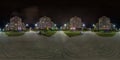 Full seamless spherical hdri night panorama 360 degrees angle view on crossroads of pedestrian street with light in windows of