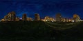 Full seamless spherical hdri night panorama 360 degrees angle view light in windows of multistory building area of urban