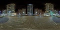 Full seamless spherical hdri night panorama 360 near skyscraper multistory buildings of residential quarter with light in windows