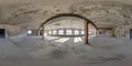 Full seamless spherical hdri panorama 360 degrees in abandoned interior of large empty room as warehouse, hangar or gallary with Royalty Free Stock Photo