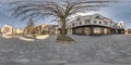 Full seamless spherical hdri panorama 360 degrees angle near old houses and big tree in courtyard or backyard of city bystreet in Royalty Free Stock Photo