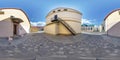 Full seamless spherical hdri panorama 360 degrees angle near old houses with fire escape in narrow courtyard of city bystreet in Royalty Free Stock Photo