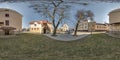 Full seamless spherical hdri panorama 360 degrees angle near old houses in narrow courtyard or backyard of city bystreet in Royalty Free Stock Photo