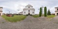 Full seamless spherical hdri panorama 360 degrees angle in small village with decorative medieval baroque style architecture