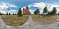 Full seamless spherical hdri panorama 360 degrees angle in small village with decorative medieval style architecture church in