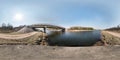 Full seamless spherical hdri panorama 360 degrees angle view bridge on the river in sunny day. background in equirectangular