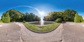 Full seamless spherical hdri panorama 360 degrees angle view of early autumn in empty city park near fountain equirectangular