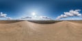 Full seamless spherical hdri panorama 360 degrees angle view on gravel road among fields in early spring day with sun on clear sky