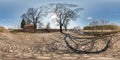 Full seamless spherical hdri panorama 360 degrees angle view on gravel road near brick house in village near river in