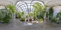 Full seamless spherical hdri panorama 360 degrees angle view in greenhouse with a lot of plants  in equirectangular projection. VR Royalty Free Stock Photo