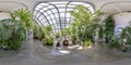 Full seamless spherical hdri panorama 360 degrees angle view in greenhouse with a lot of plants  in equirectangular projection. VR Royalty Free Stock Photo