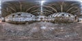 Full seamless spherical hdri panorama 360 degrees angle view inside abandoned ruined factory hangar in equirectangular projection Royalty Free Stock Photo