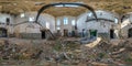 Full seamless spherical hdri panorama 360 degrees angle view inside abandoned ruined factory hangar in equirectangular projection Royalty Free Stock Photo