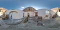 Full seamless spherical hdri panorama 360 degrees angle view inside abandoned ruined factory hangar without roof in Royalty Free Stock Photo