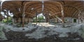 Full seamless spherical hdri panorama 360 degrees angle view inside abandoned ruined wooden decaying hangar with rotting columns Royalty Free Stock Photo