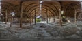 Full seamless spherical hdri panorama 360 degrees angle view inside abandoned ruined wooden decaying hangar with rotting columns Royalty Free Stock Photo